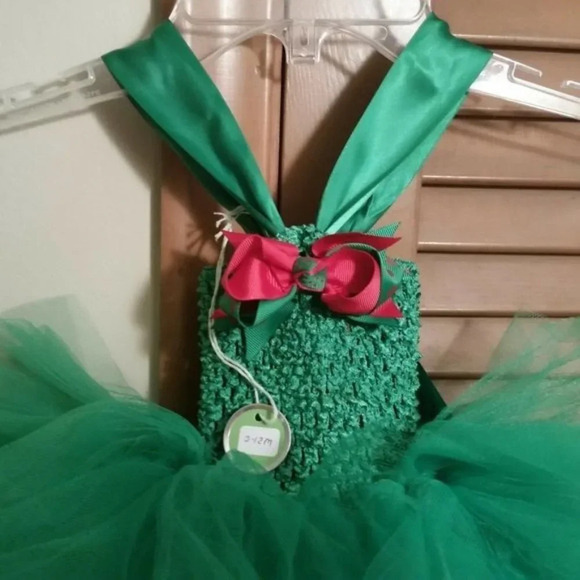 Christmas Netted GreenTuTu Dress Ribbon Hand Made - Picture 2 of 7